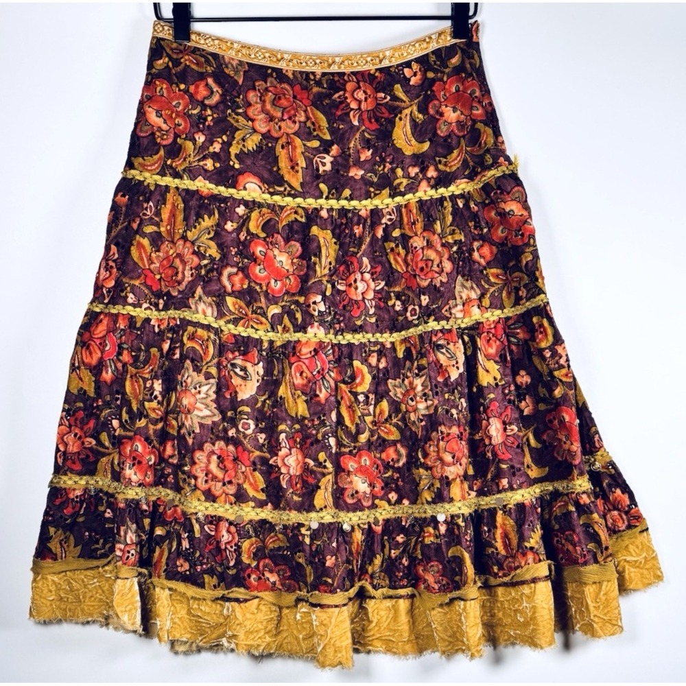 Cynthia Steffe Skirt 6 Floral Eyelet Tiered Velvet Trim Boho Midi Romantic Gypsy